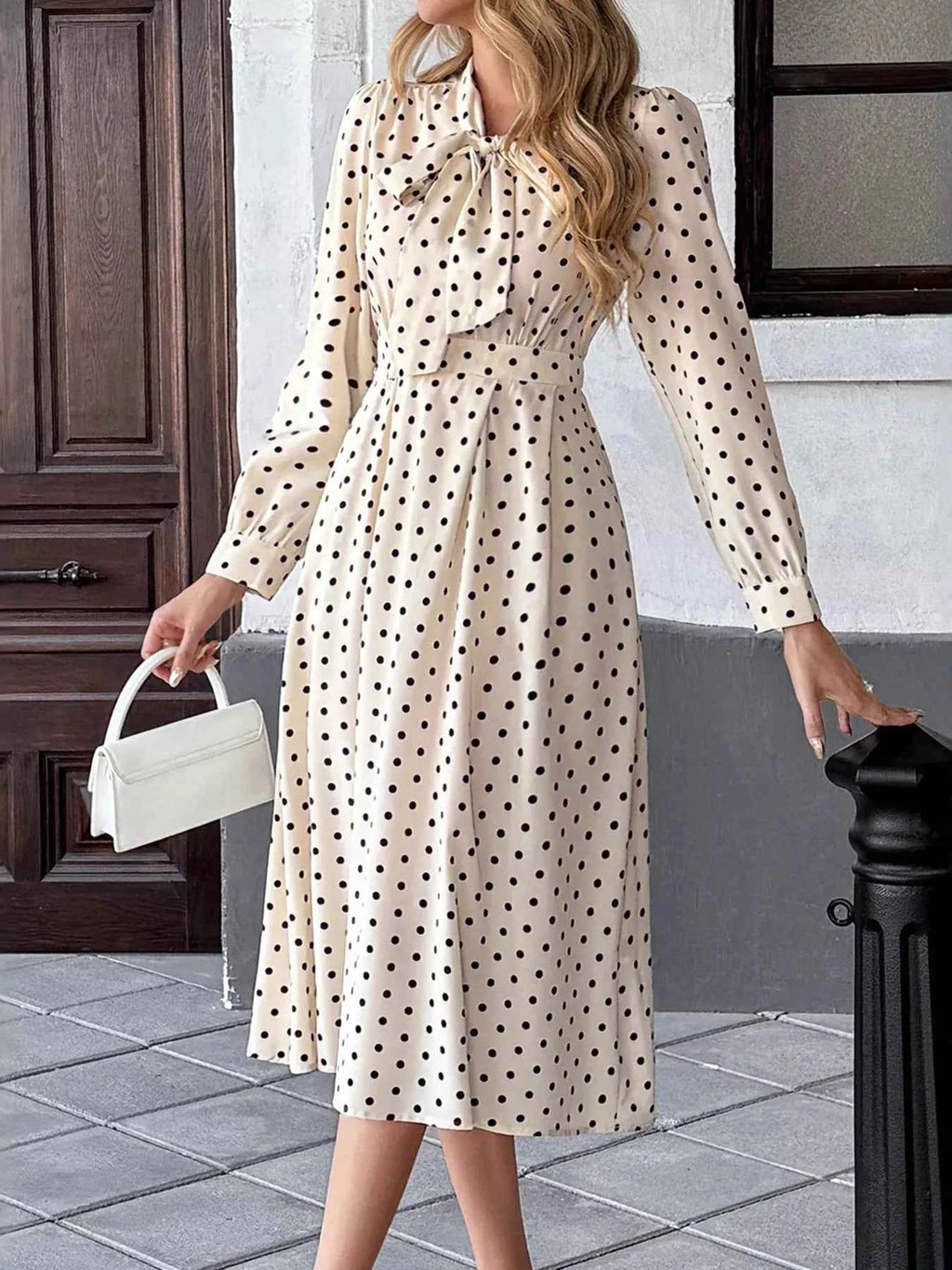 Polka Dot Tie Front Long Sleeve Midi Dress 26f6600c8149488ca0b0bd9efecc0a47-Max-Origin