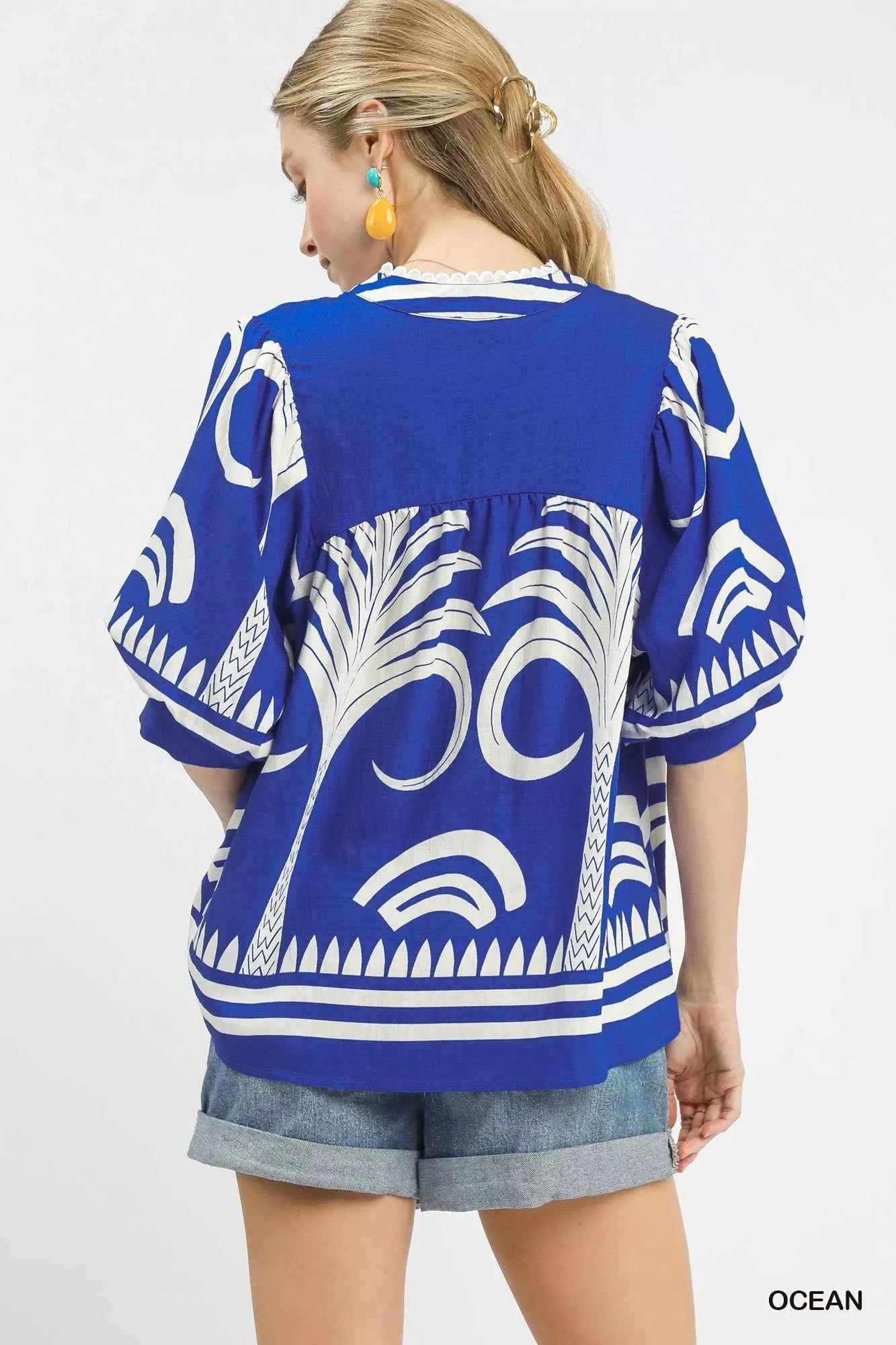 Umgee Folk Art Palm Print Puff Sleeve Blouse