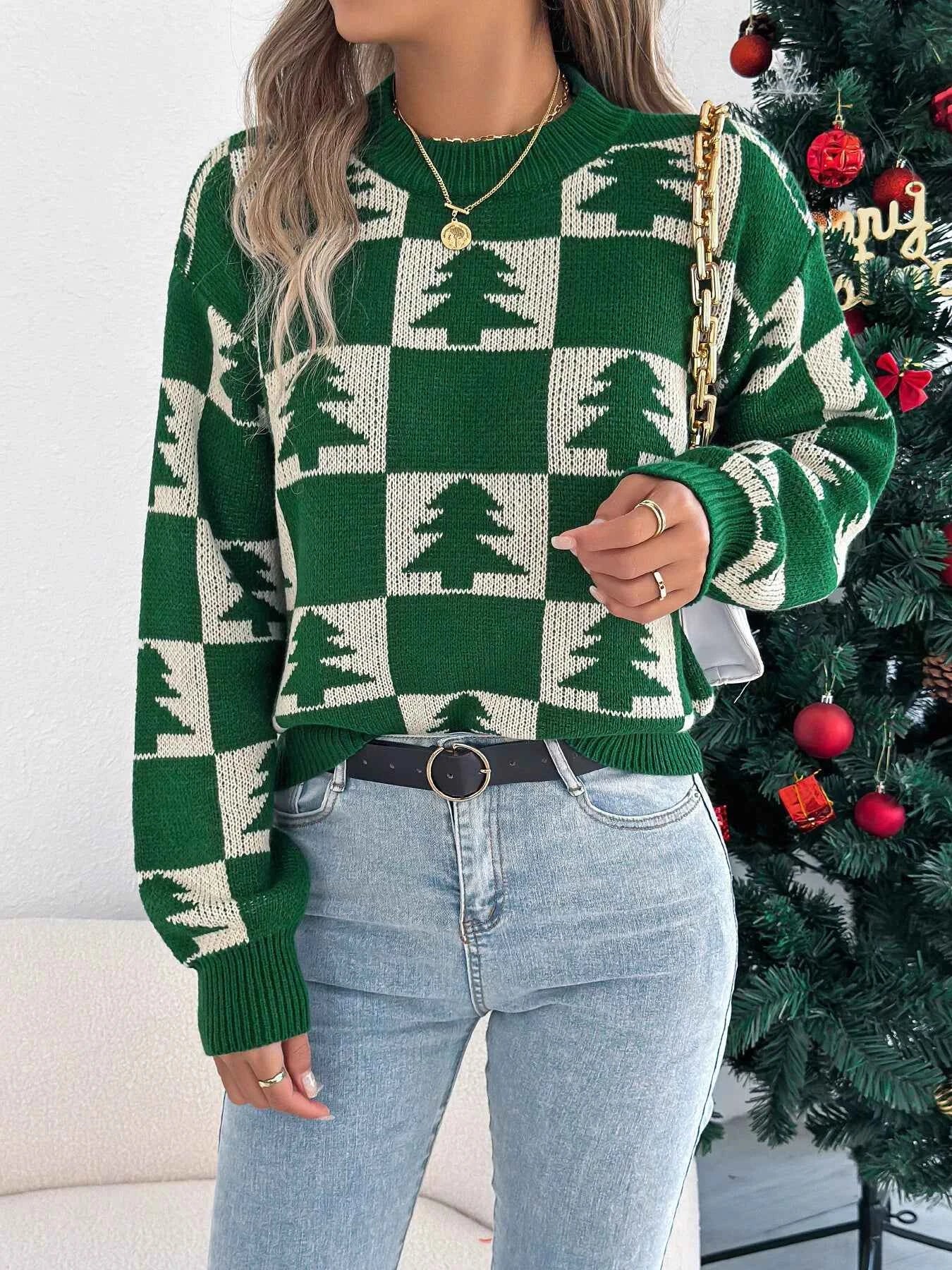 Christmas Tree Checkerboard Pattern Sweater 26fde51337ed426faca25969c961c89c-Max-Origin