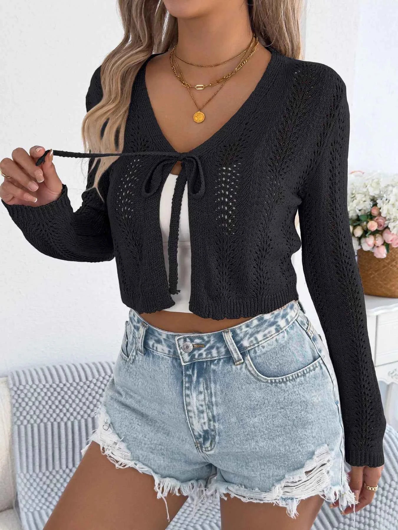 Openwork Tie Front Long Sleeve Cardigan 2703526af2de4ec3bc8887a369b21864-Max-Origin