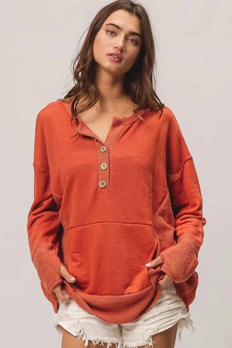 BiBi French Terry Knit Side Block Buttoned Henley Top RUST 2705e1d53eb54677a9549b04651af3b1-Max-Origin