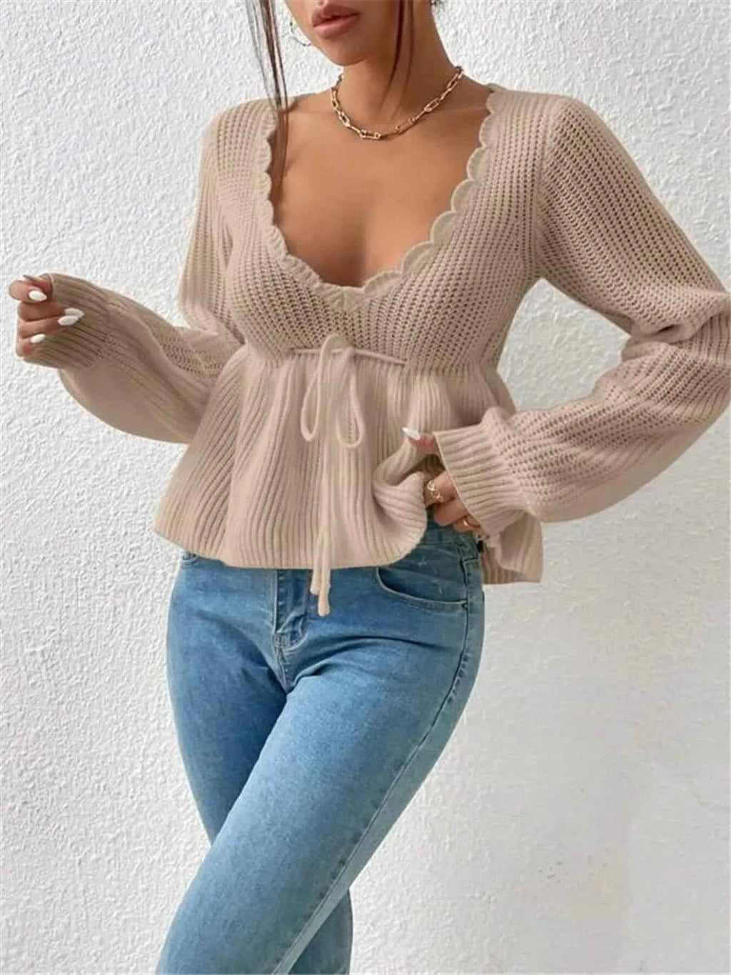 Scalloped V-Neck Drawstring Knit Top 2708a53ef0434e099ba950d14f03a804-Max-Origin