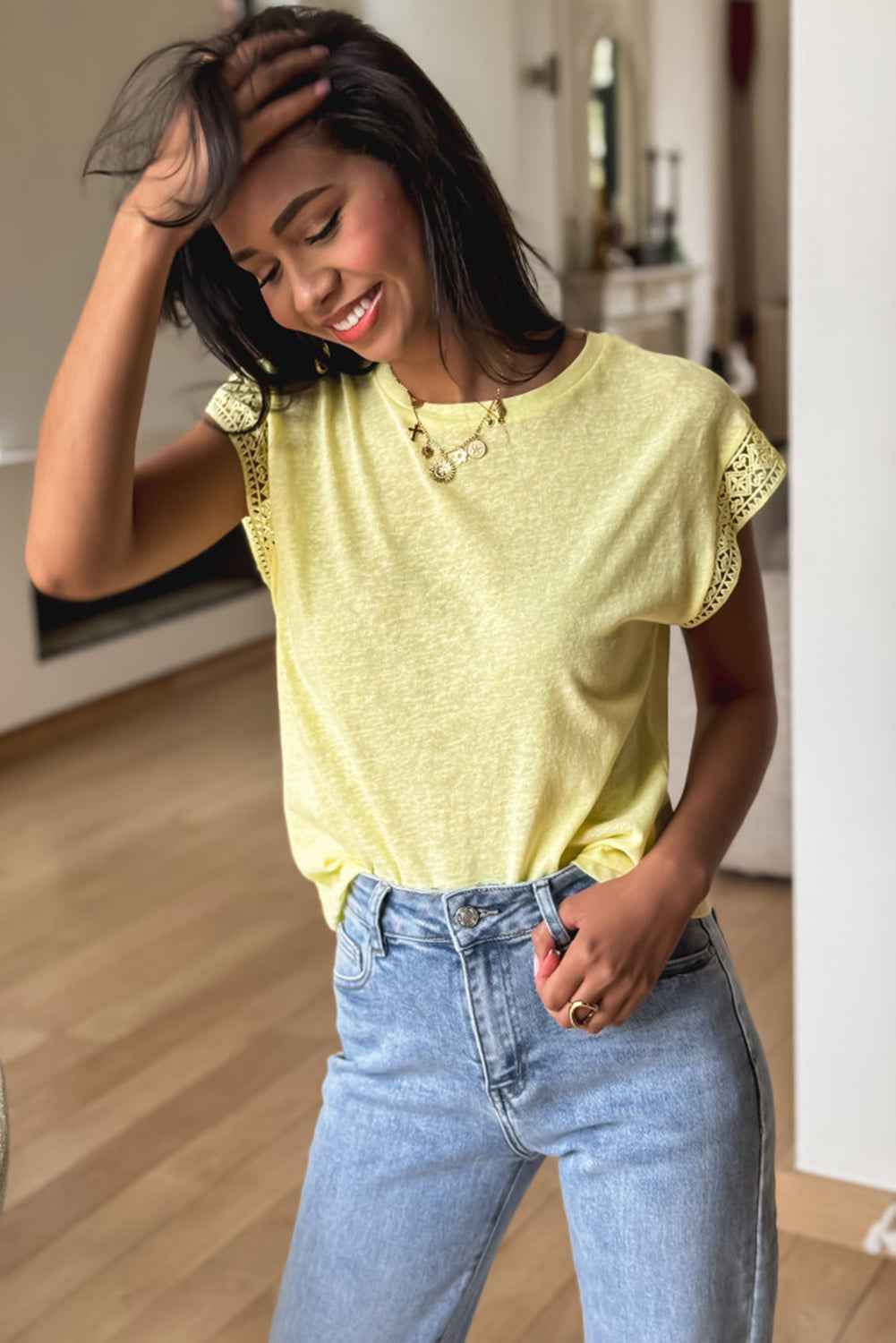 White Lace Patchwork Cap Sleeve Round Neck Top 272b36fdc3c248f4