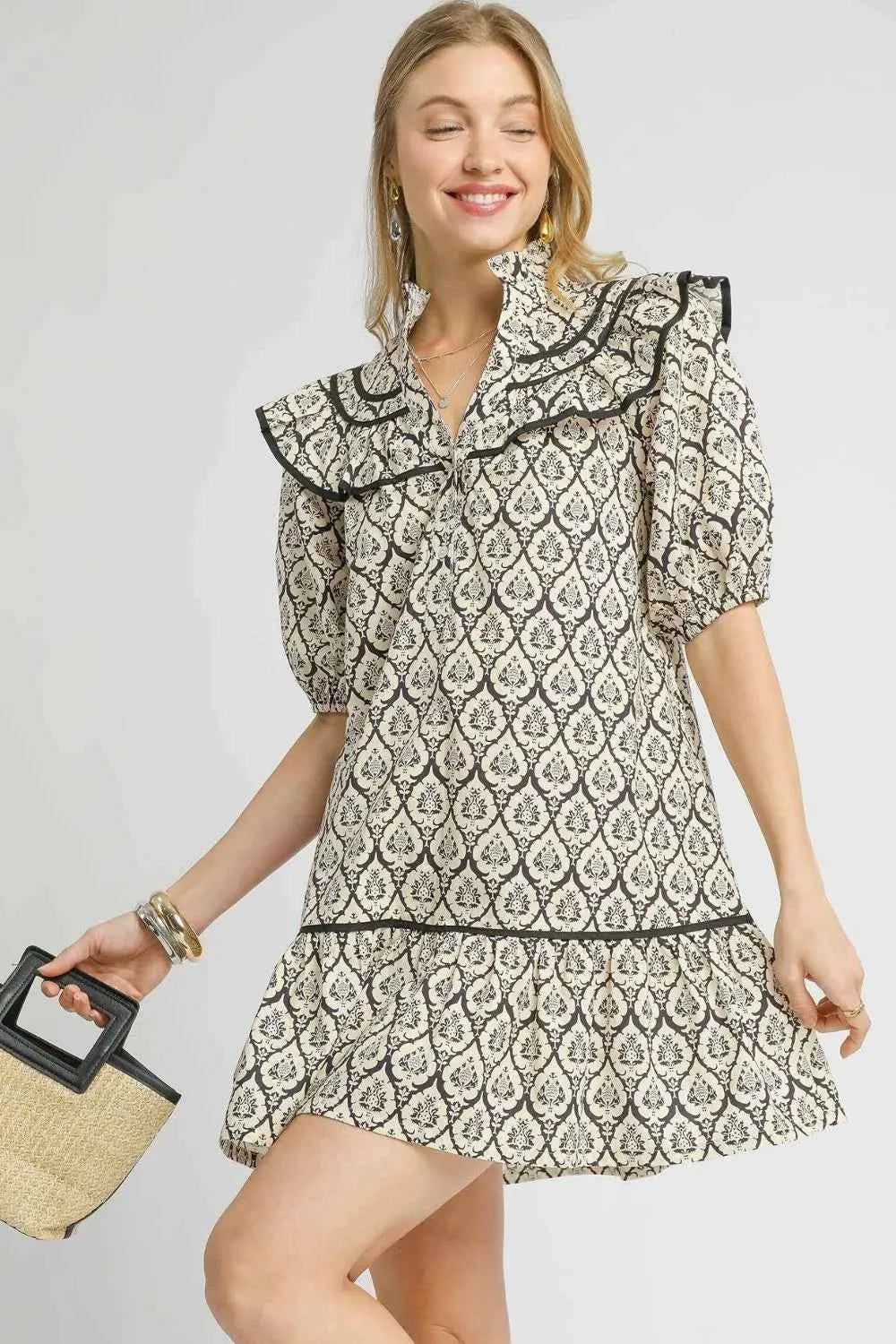 Umgee Ruffled Printed Puff Sleeve Mini Dress Black 2739a200-a407-48af-bce1-7acfe553ef0a-Max-Origin