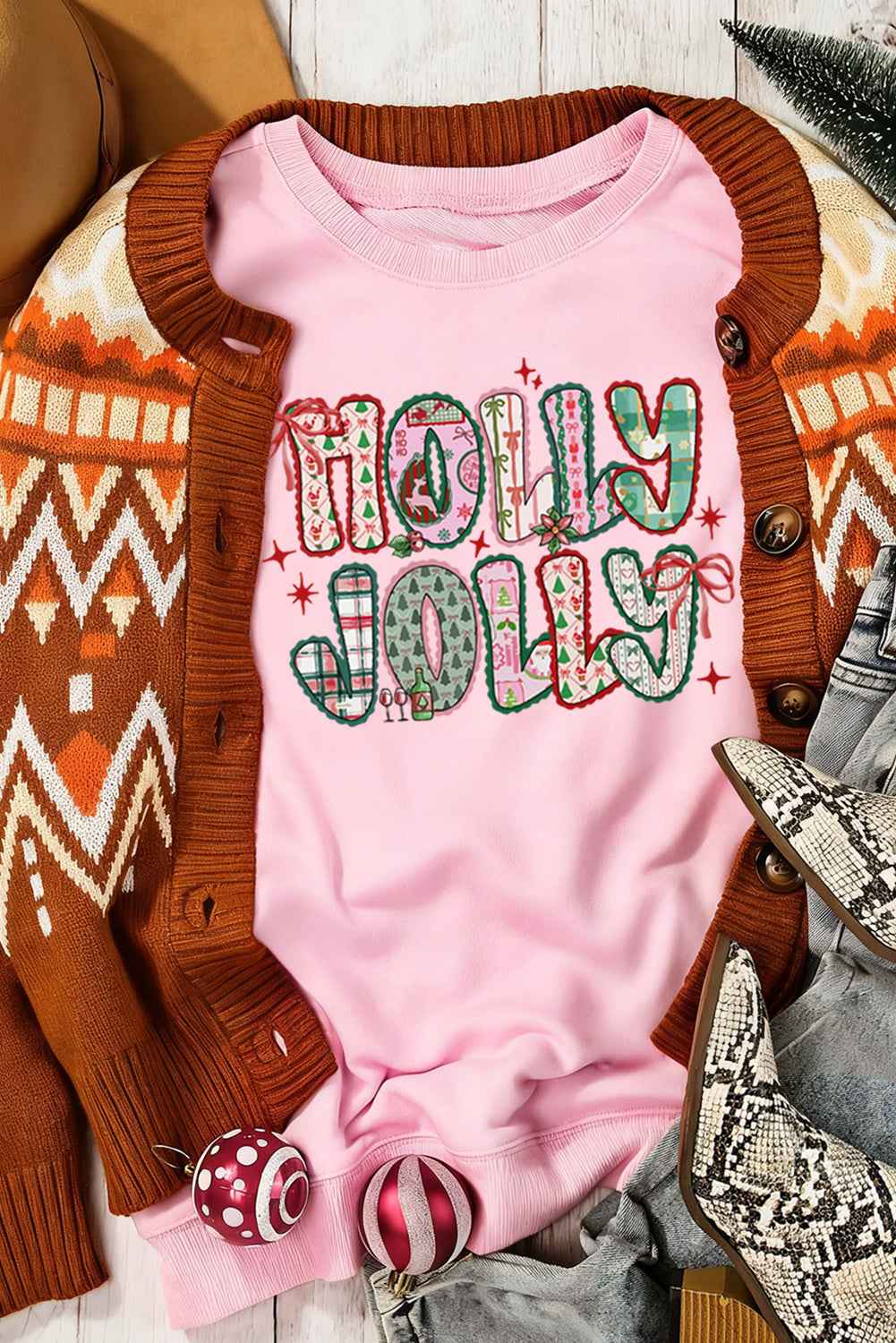 Pink HOLLY JOLLY Graphic Heat Transfer Printing Christmas Sweatshirt 2747d1ab54e2bd94