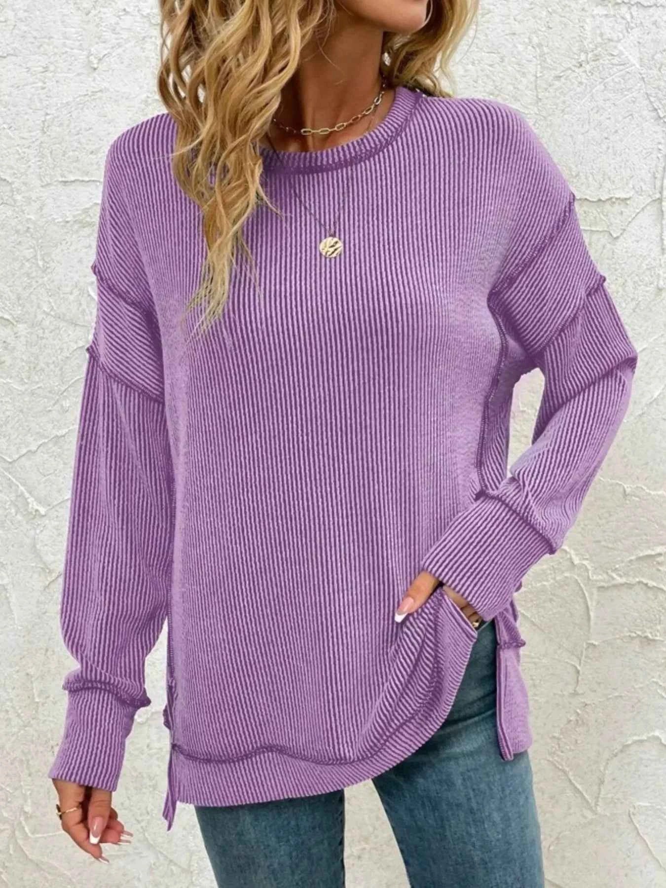 Side Slit Round Neck Dropped Shoulder Sweatshirt Purple 274913c441b4401b8e3e05e5d5286486-Max-Origin