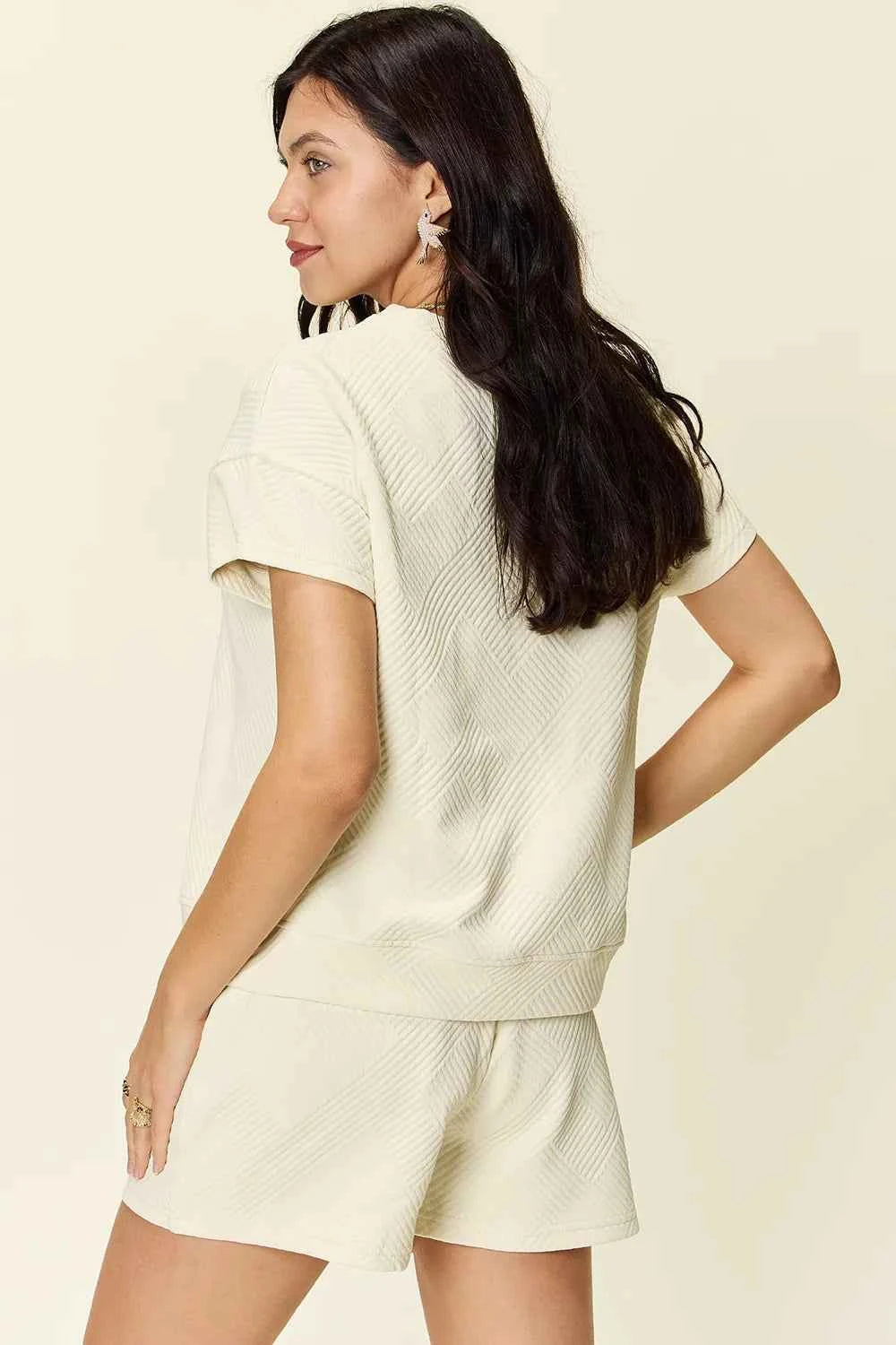 Double Take Full Size Texture Short Sleeve T-Shirt and Drawstring Shorts Set 275f29f7-69ef-4702-aa91-b023717cba16-Max