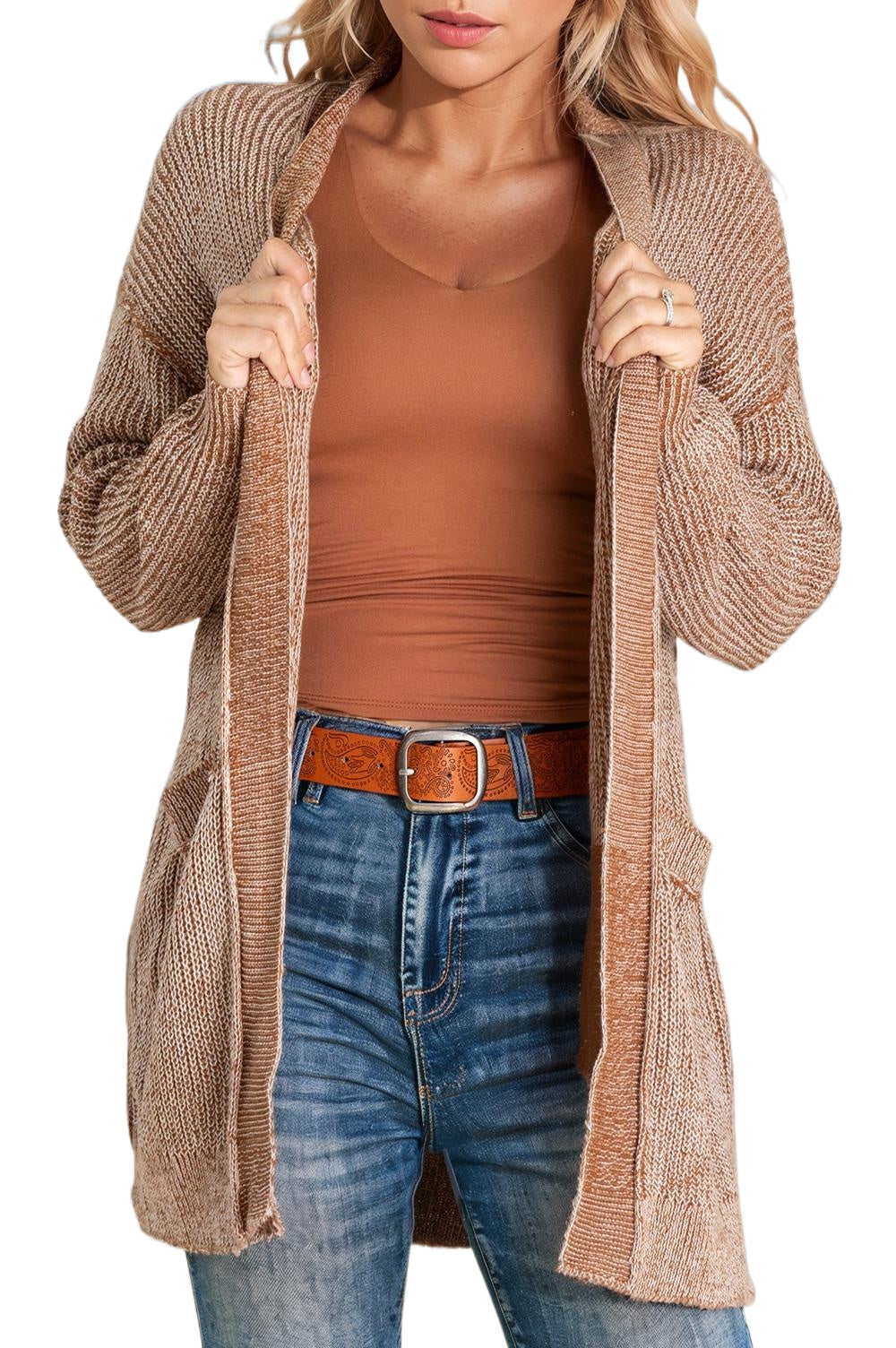 Straw Yellow Open Front Pocket Knit Cardigan Straw Yellow 55%Acrylic+45%Cotton 27978312a420d43c