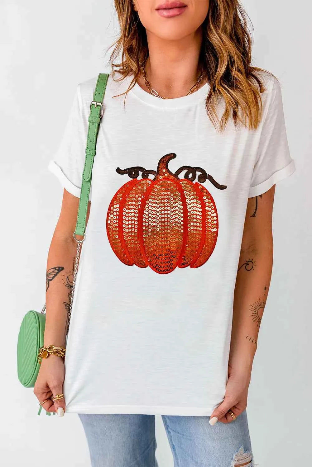 Full Size Sequin Pumpkin Round Neck Short Sleeve T-Shirt 2798ffda-5f47-4a86-8d3c-9a0af18200a4-Max