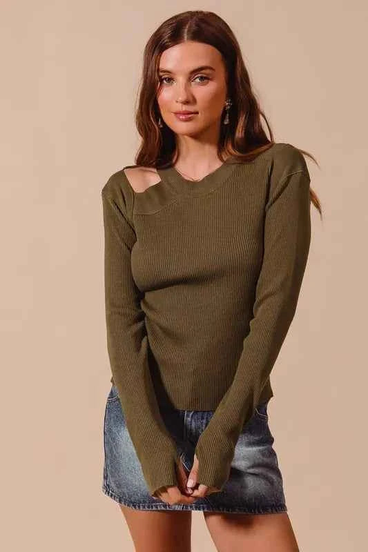 SO ME Rib Knit Top with Shoulder Cut Out OLIVE 279b74c1-13a8-4401-b188-17ebd6990a1b-Max-Origin