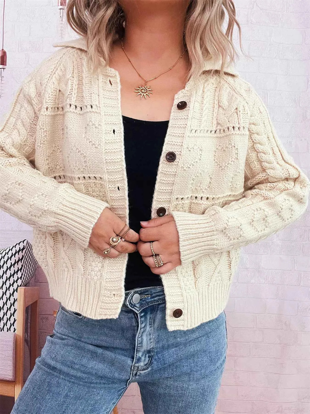 Openwork Cable Knit Button-Up Cardigan 27a51d0d24194fff9d43505ffa797173-Max-Origin