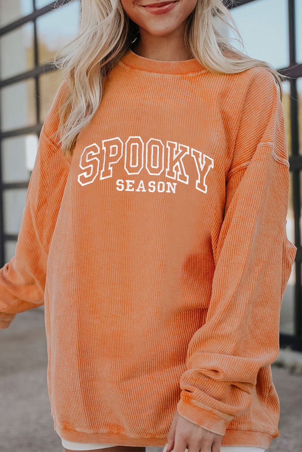 Orange SPOOKY SEASON Embroidered Letter Graphic Twisted Ribbed Sweatshirt 27acc69860f6465d