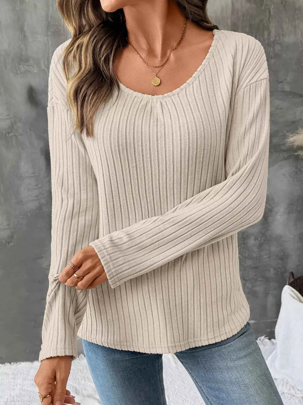 Lace Detail Ribbed Knit Long Sleeve T-Shirt 27b24d9cc10a43768a907eb97964f1c7-Max-Origin