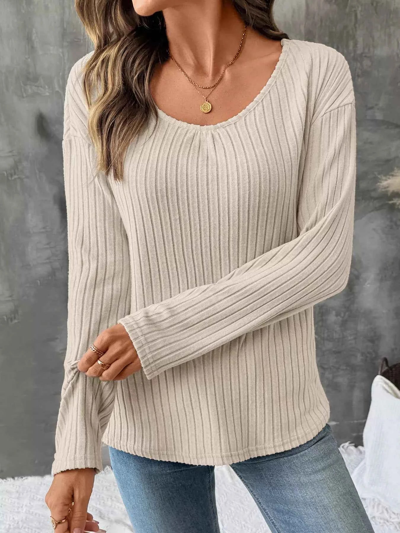 Lace Detail Ribbed Knit Long Sleeve T-Shirt 27b24d9cc10a43768a907eb97964f1c7-Max-Origin