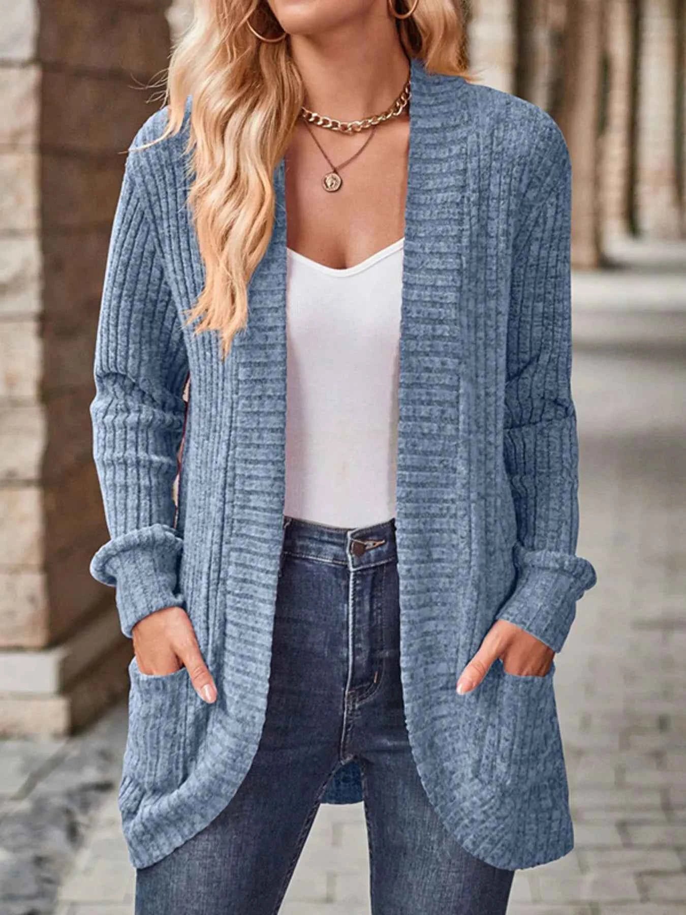 Ribbed Knit Open Front Cardigan with Pockets 27c0231849844553af8887fc75e4449f-Max-Origin