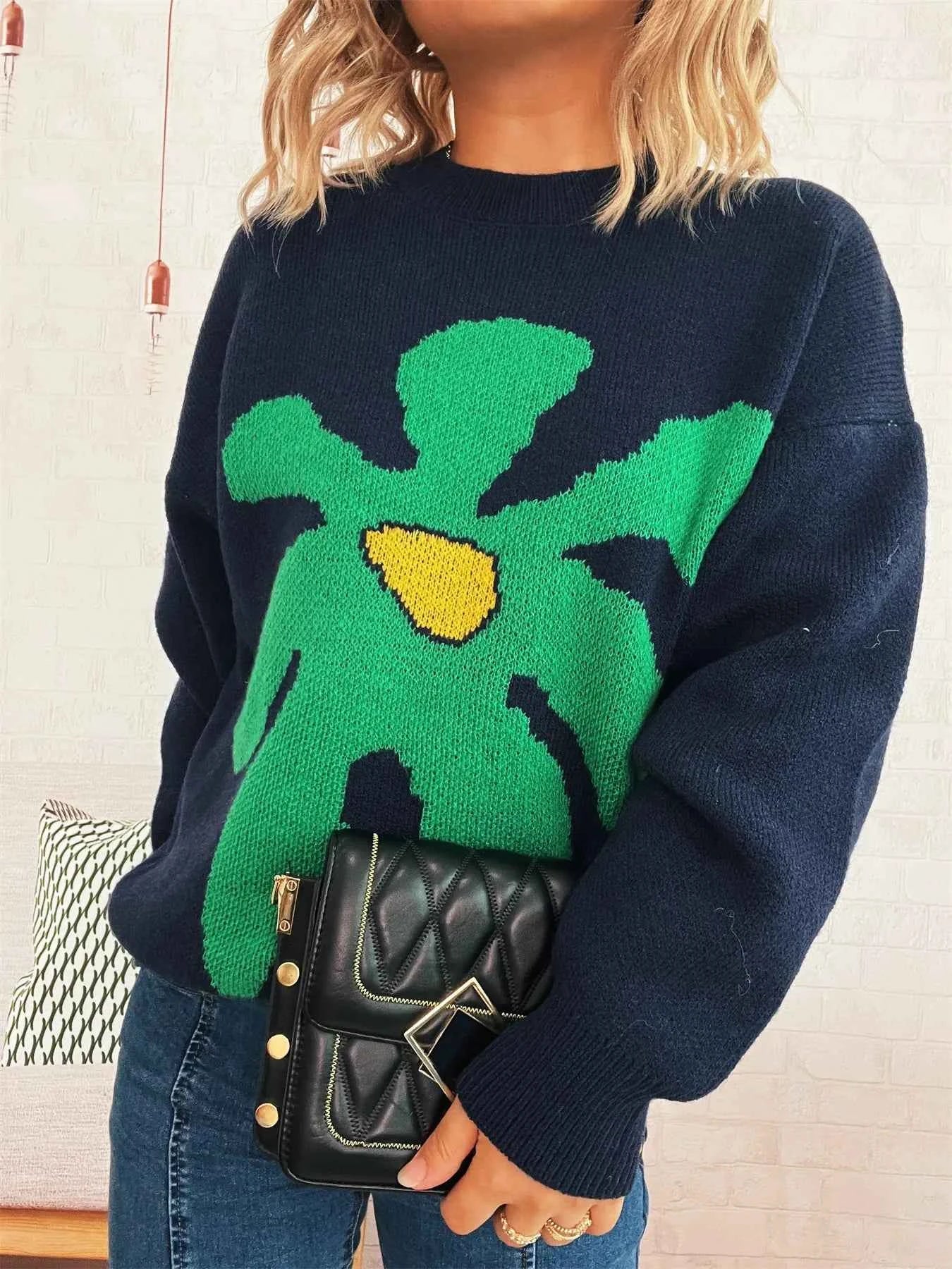 Flower Dropped Shoulder Sweater Dark Blue One Size 27ce9ff442b94039989f82b174eb29e3-Max-Origin