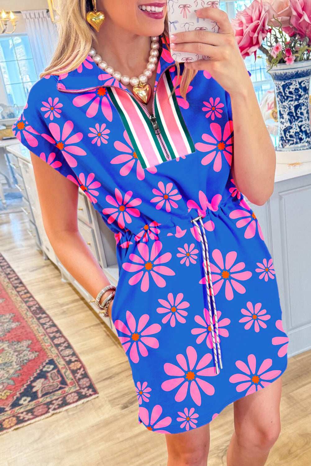 Purple Pop of Color Quarter Zip Collar Drawstring Waist Floral Mini Dress Purple 27d7d22f94f35fd2-_1