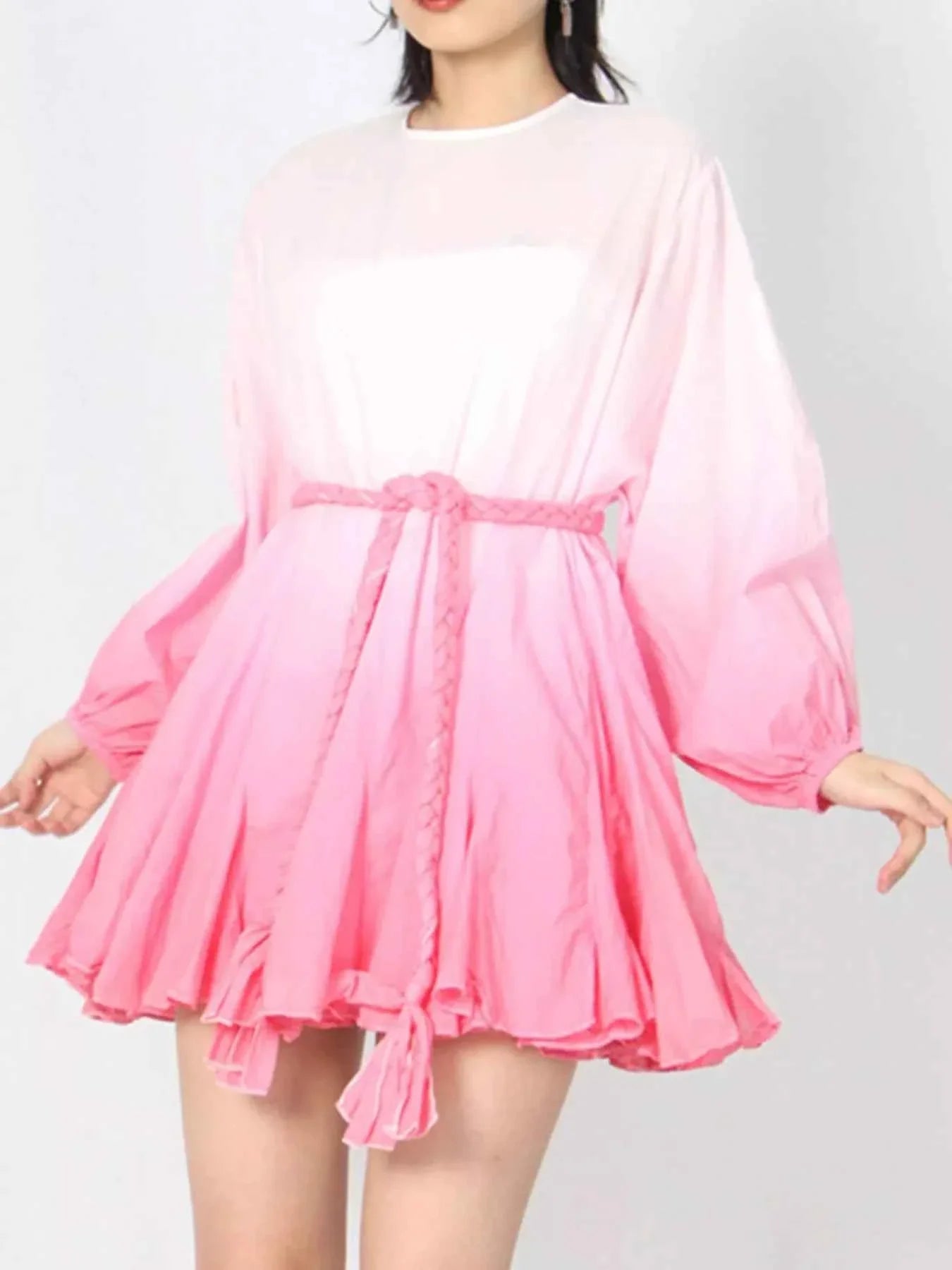 Gradient Round Neck Balloon Sleeve Dress Pink 27e38340-a13e-483b-9889-eea85631b80c-Max-Origin