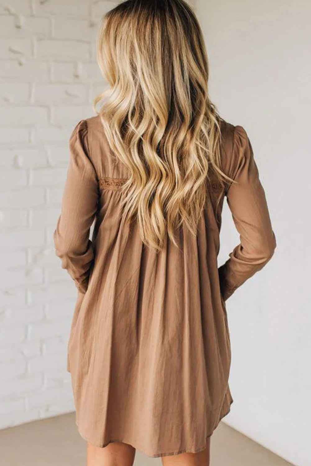 Straw Yellow Lace Trim Peter Pan Collar Long Sleeve Mini Shirt Dress 27e60e8f08e13202