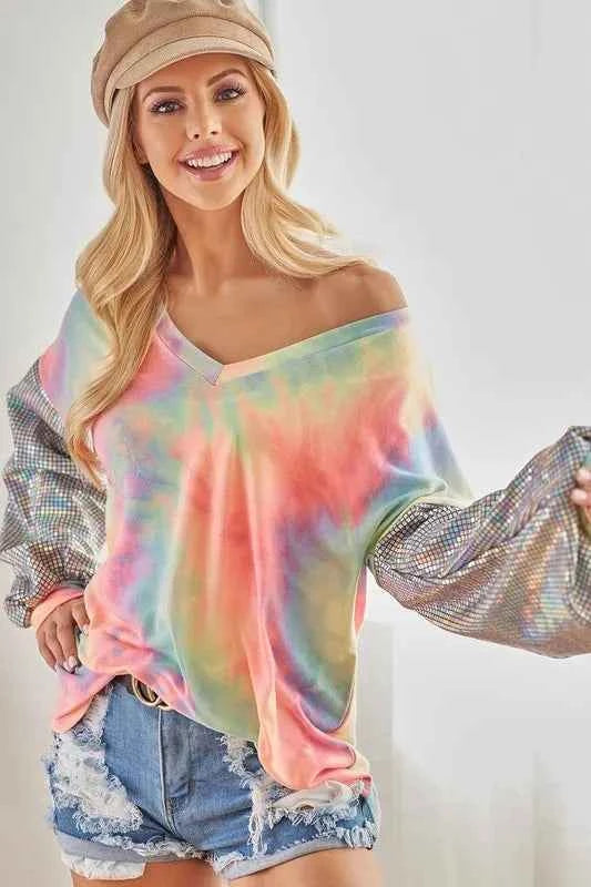 BiBi V Neck Tie Dye French Terry Top with Shiny 27ecd80073ee447c80236f5bca4bf5a5-Max-Origin