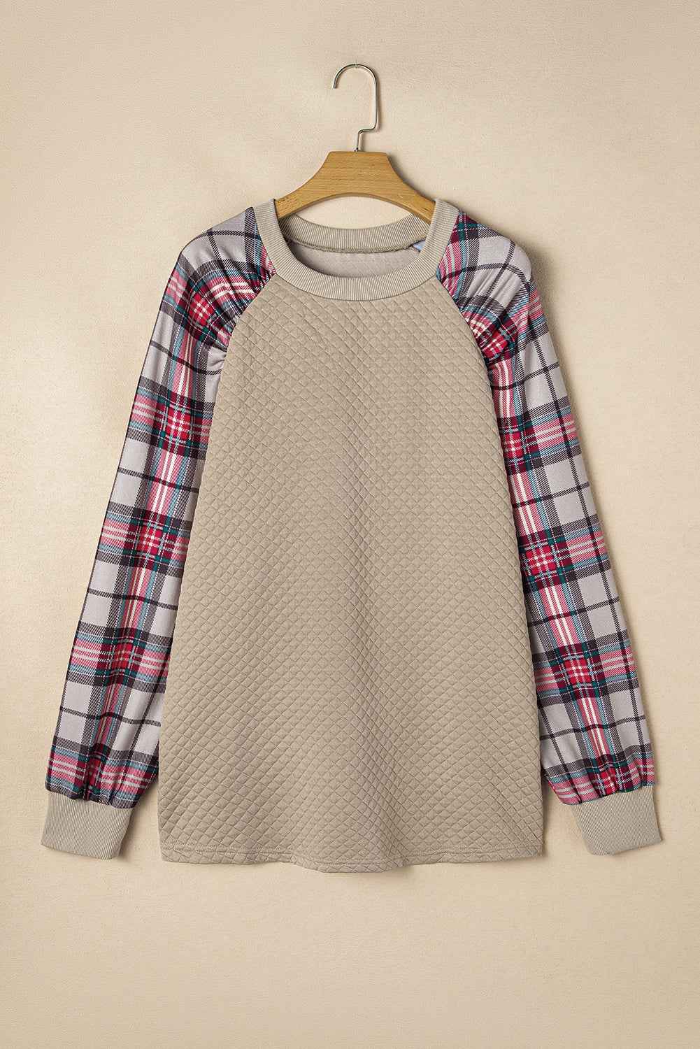 Apricot Plus Size Plaid Raglan Sleeve Crew Neck Sweatshirt 27efb7a7ab6e01f5
