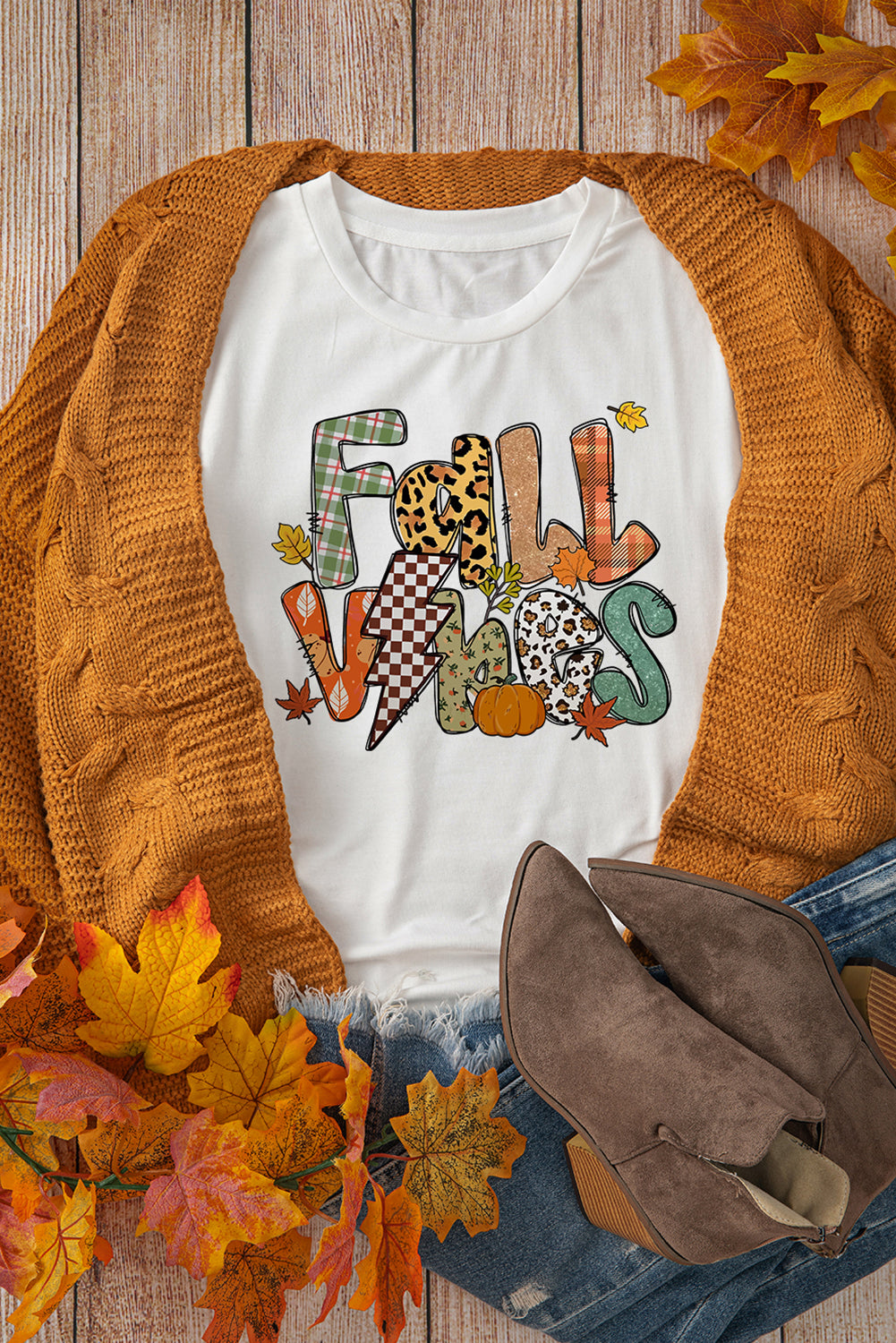 White FALL VIBES Cotton Blend Heat Transfer Printing Casual T Shirt White 62%Polyester+32%Cotton+6%Elastane 27f63033e4d41ab1