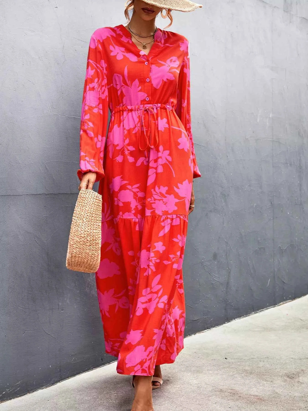 Floral Drawstring Waist Long Sleeve Maxi Dress 27facfeb-b888-4235-a13a-349bfa206f28-Max-Origin