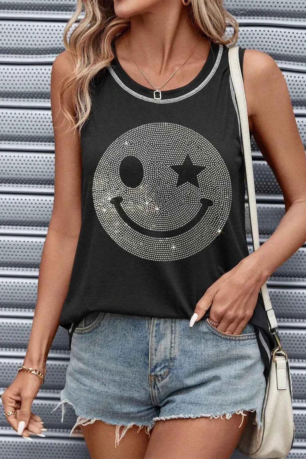 Rhinestone Smile Face Round Neck Tank 27fe1cde-03f6-426b-87fe-f10767370d99-Max