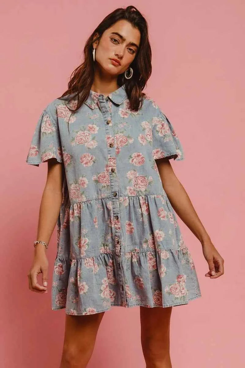 BiBi Floral Print Washed Lightweight Tiered Shirt Dress 2800a28064fd41fcaf3e77c95115239d-Max-Origin