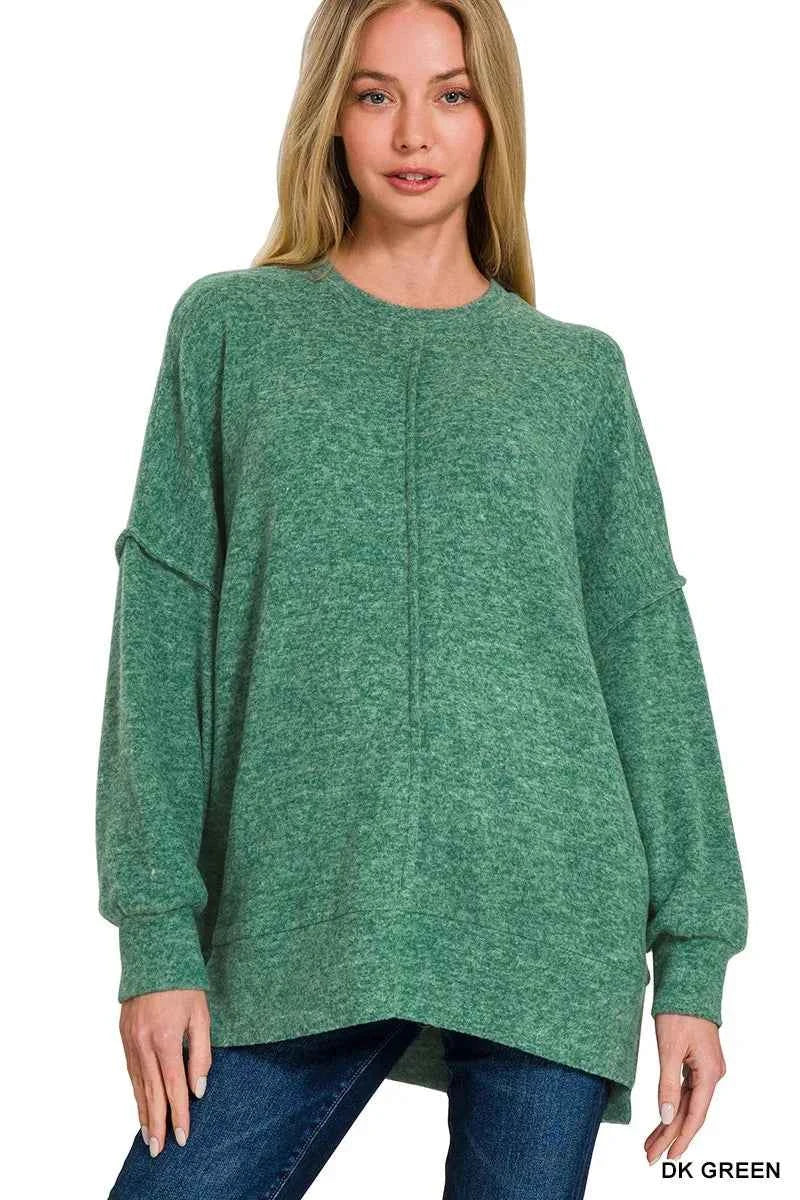 Zenana Brushed Melange Hacci Oversized Sweater DK GREEN 28079d85b8da408fba30f71bd60f37c5-Max-Origin