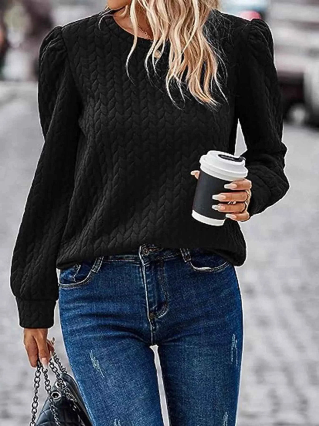 Texture Round Neck Long Sleeve Sweatshirt 2824bb2a837245fc9ec533a0df676361-Max-Origin