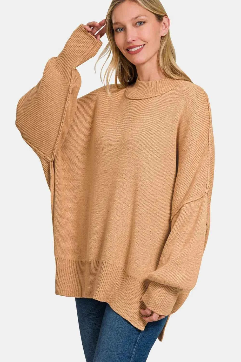 Zenana Side Sit Oversize Sweater Dk Brush 283176f9-c5d7-4b39-948f-3b83548f8d63-Max