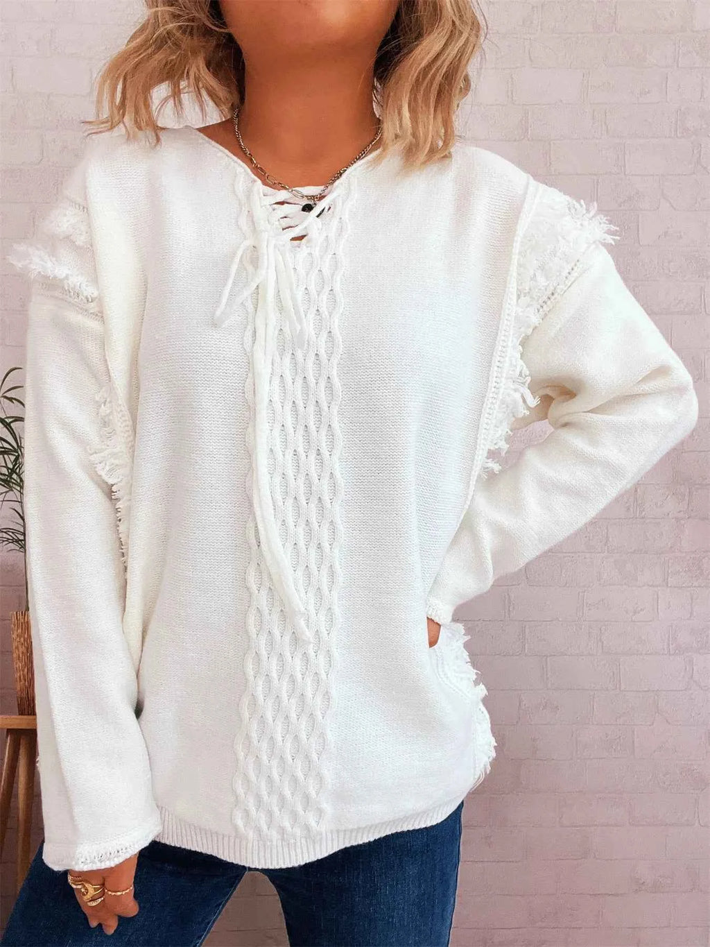 Raw Hem Lace Up Front Sweater 283dc95f58524e058708ac1601037cd0-Max-Origin