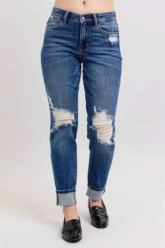 Judy Blue Full Size Mid Rise Boyfriend destroy Jeans with Yoke Pockets and Faux Selvedge Cuff Plus Size DK 284e9f9feef24ed6a68404ac81f1dbbf-Max-Origin