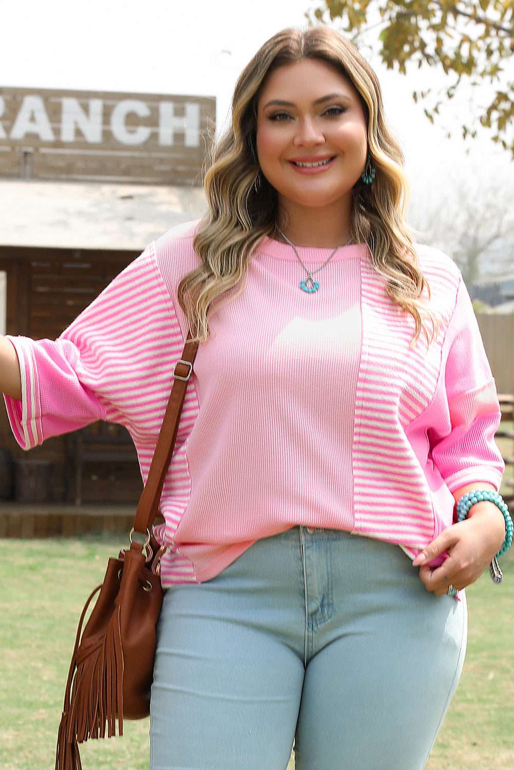 Pink Stripe Waffle Patchwork Plus Size T-Shirt 284ed58af3082cf2