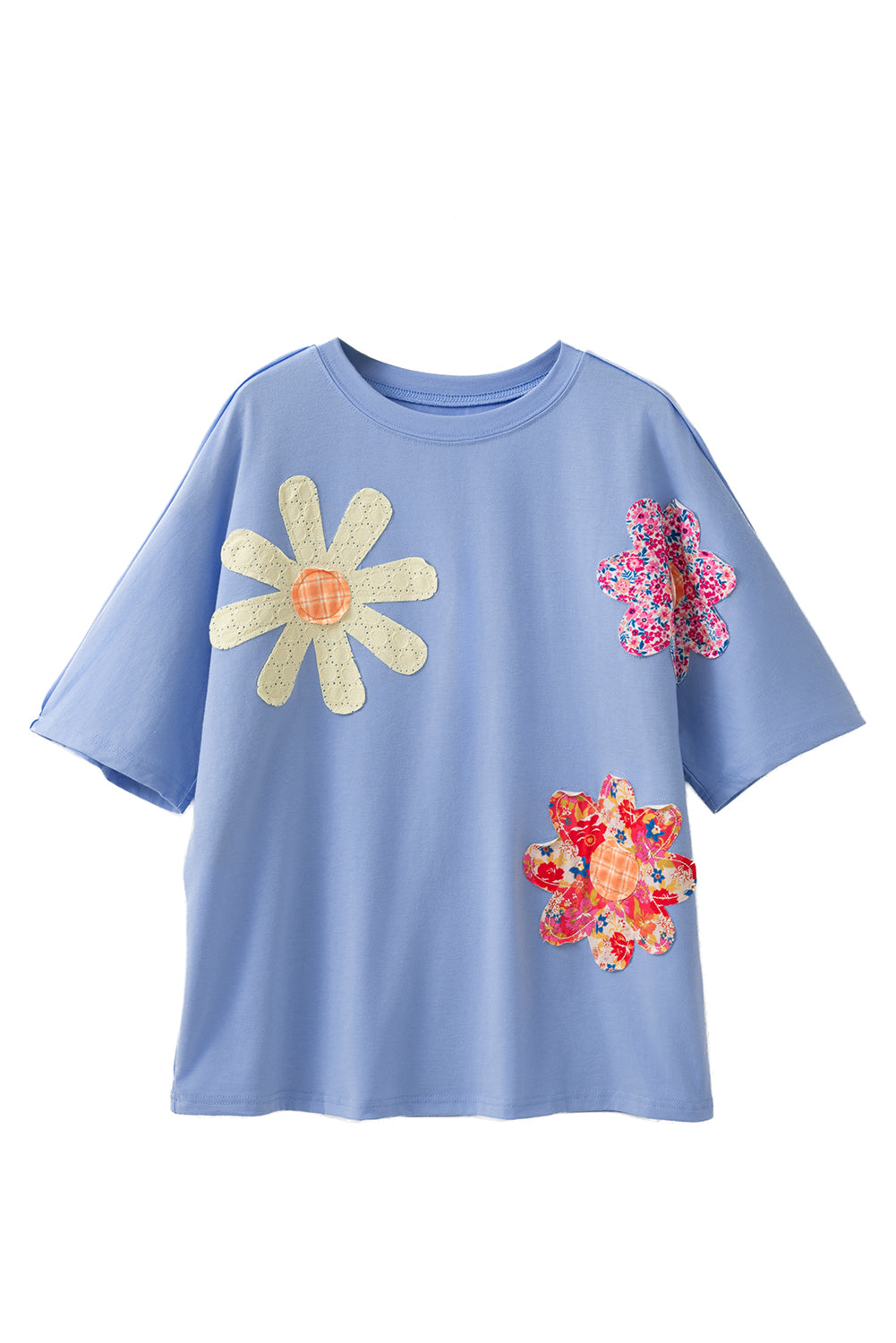 Sky Blue Flower Patched Exposed Stitching Trim Loose Tee 286a9017791907e4