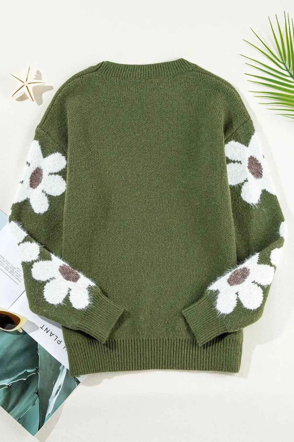 Flower Round Neck Long Sleeve Sweater 286caa89-725e-43a4-9576-61b28360f913-Max