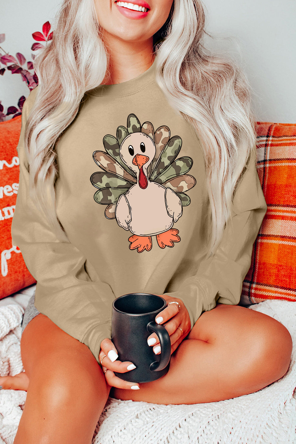 Khaki Camouflage Turkey Heat Transfer Printing Graphic Sweatshirt 288373b4a750418c