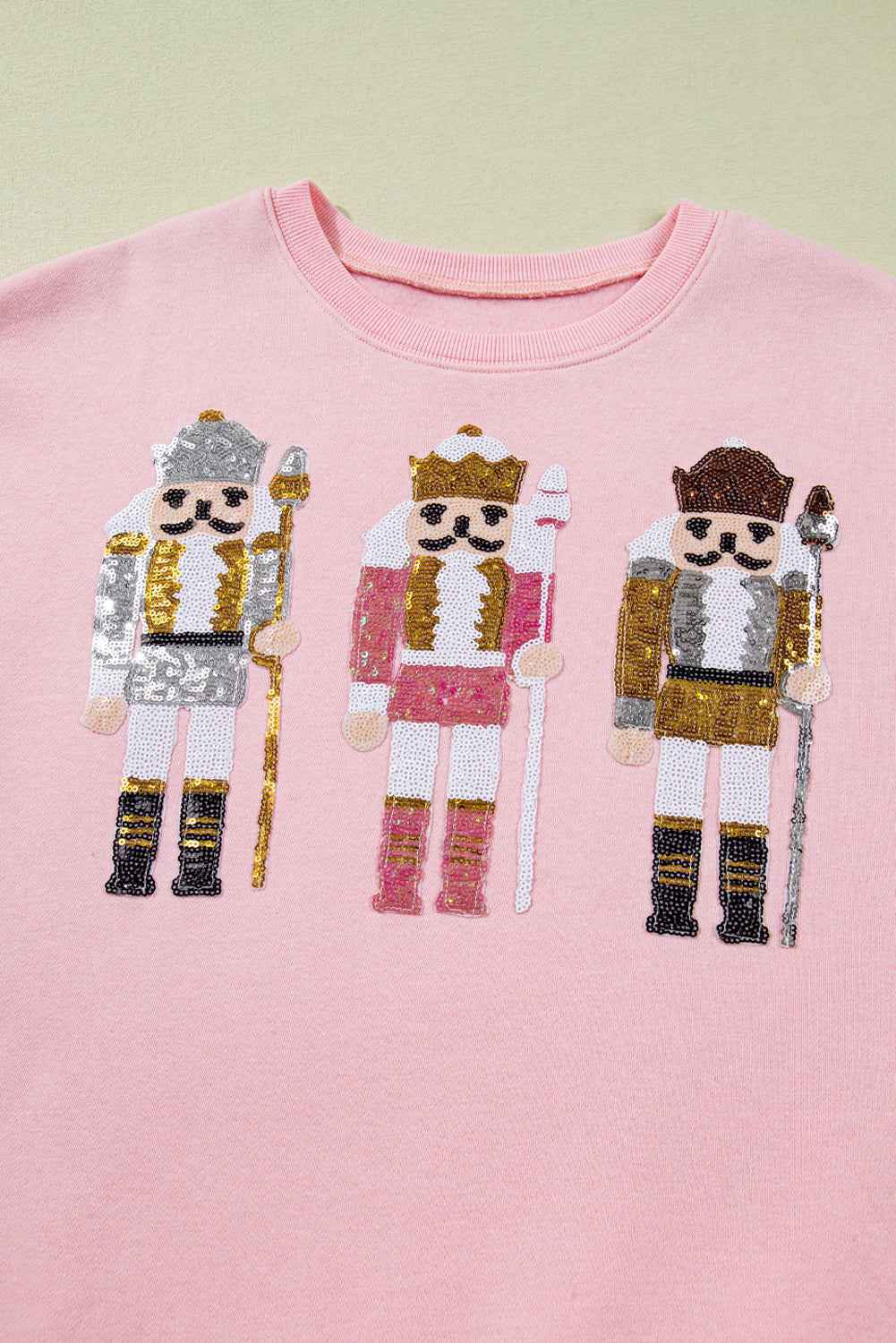 Light Pink Sequin Nutcracker Textured Sleeve Patchwork Sweatshirt 289a187543a68a9a