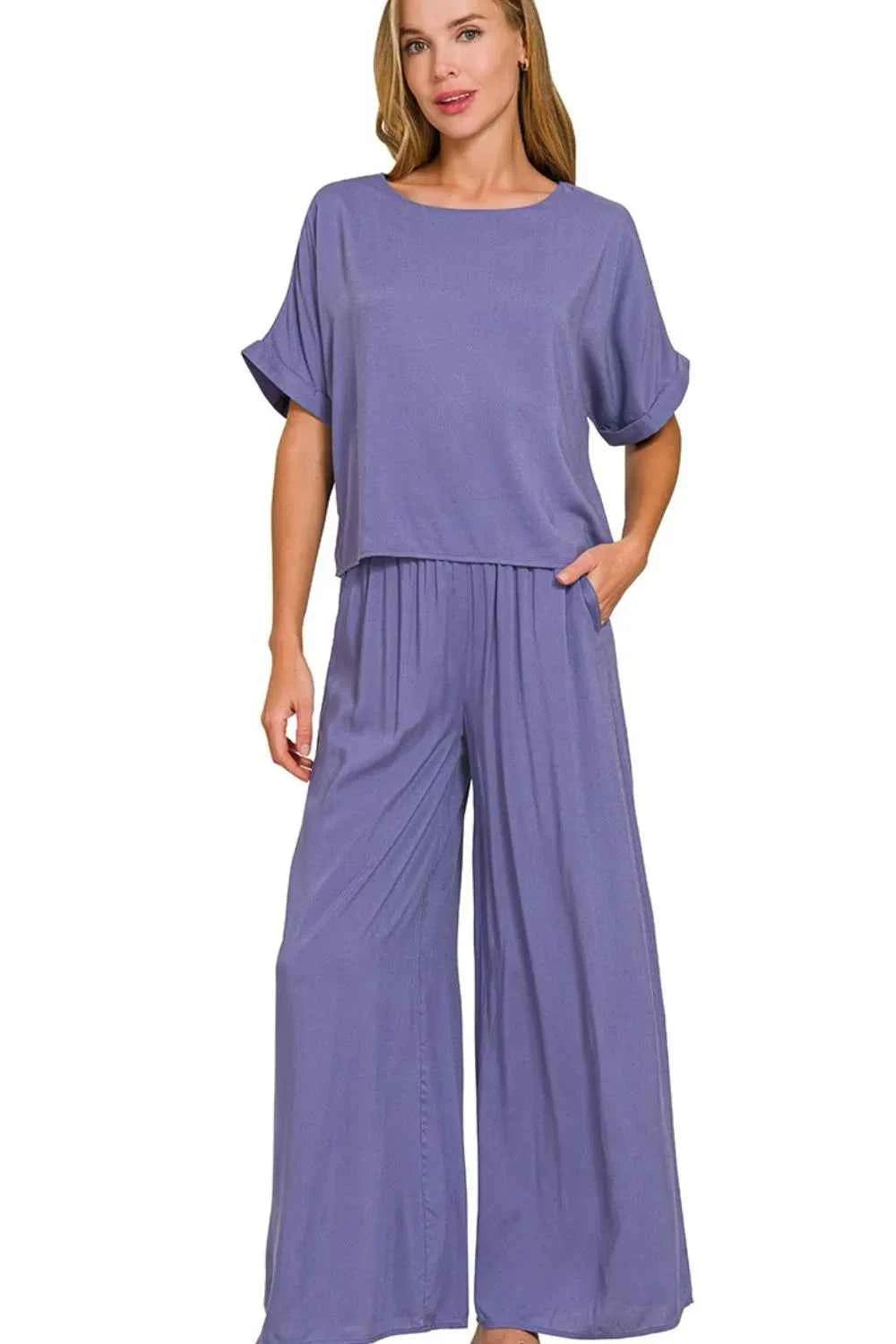 Zenana Round Neck T-Shirt and Wide Leg Pants Set MARLIN 28a3db4a-ca2f-4fc1-87ac-8ef7533c48ea-Max-Origin