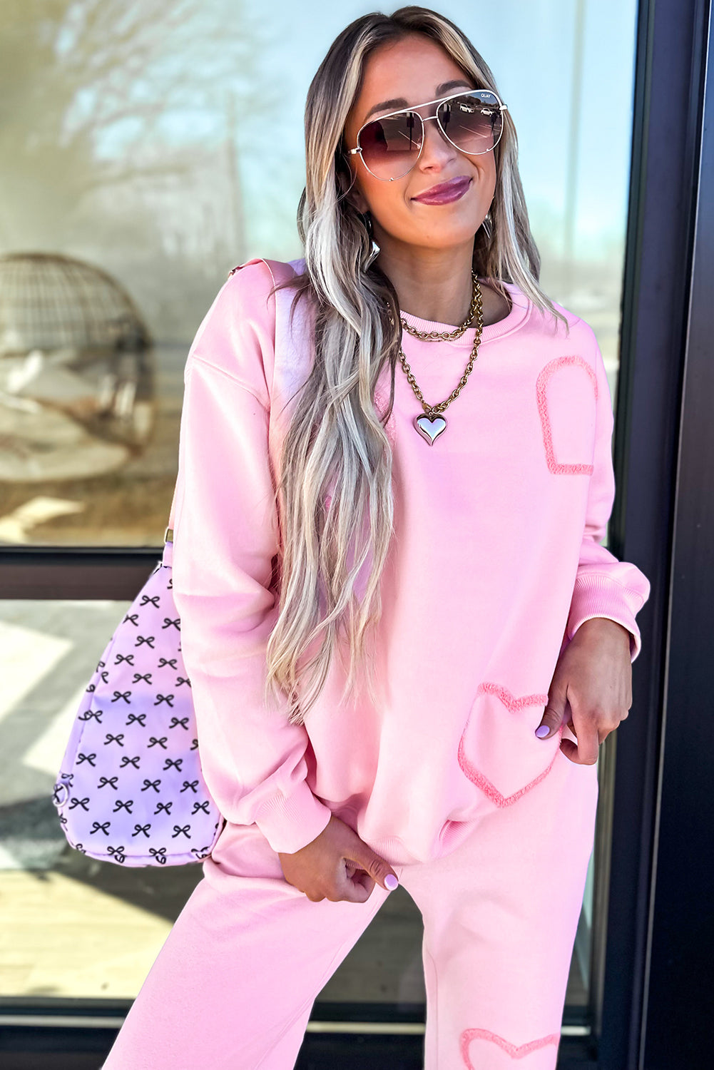 Phalaenopsis Chenille Heart Pattern Casual Pants Set 28bb324ebe49be92