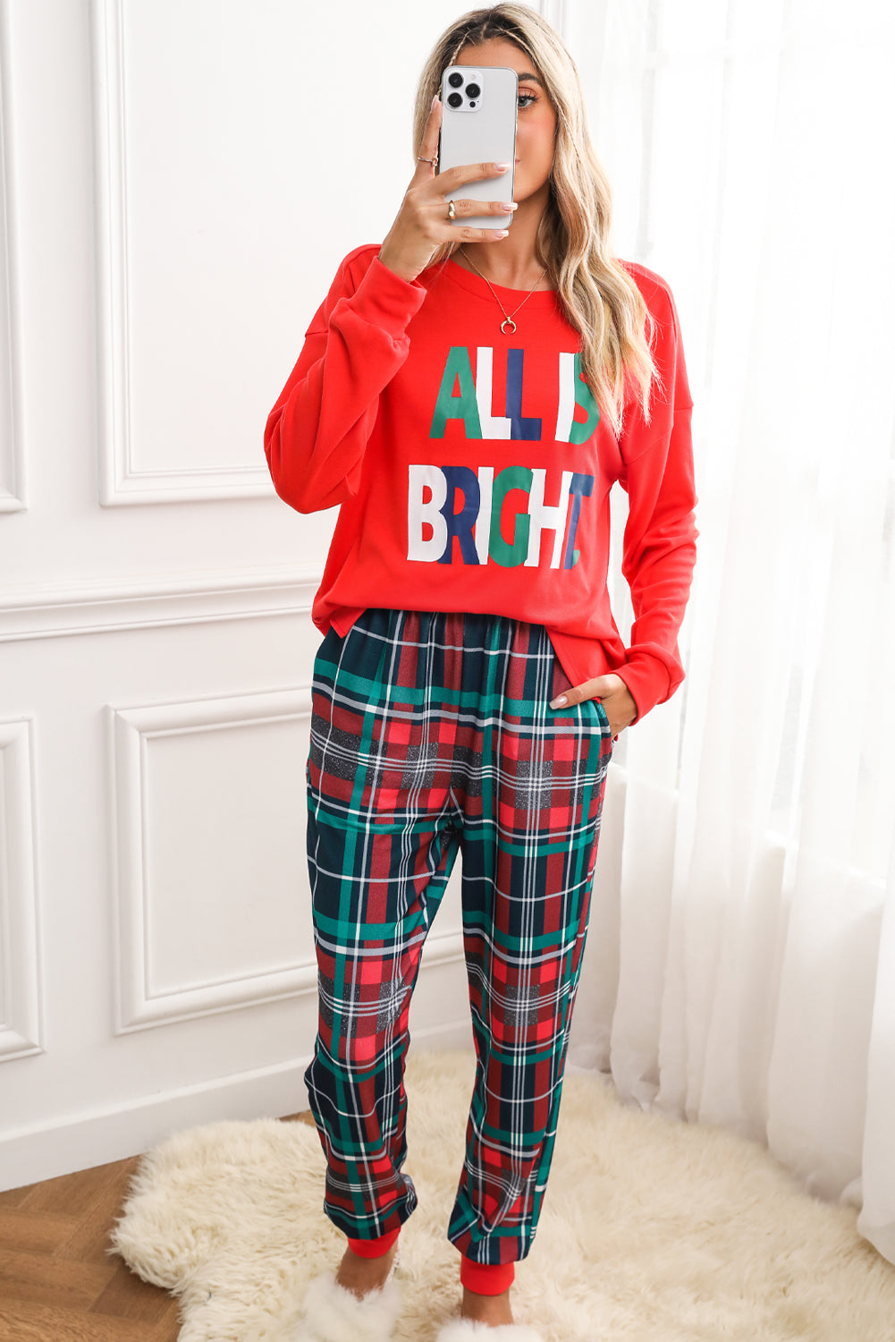 Multicolor ALL IS BRIGHT Christmas Plaid Pajama Set 28bcaa42e2847ecd