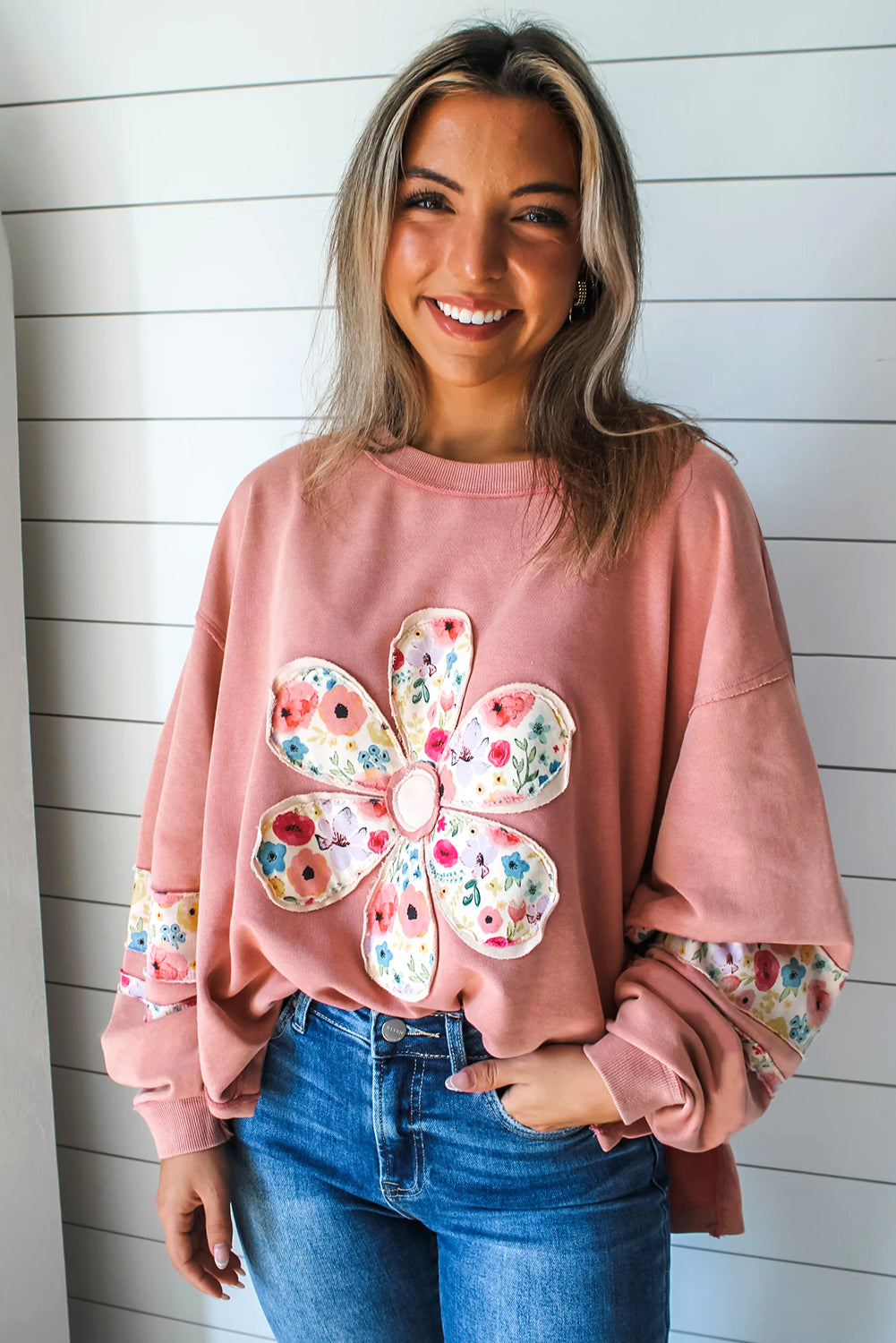 Peach Blossom Flower Applique Patchwork Drop Sleeve Pullover Sweatshirt 28c5ca4791975a16