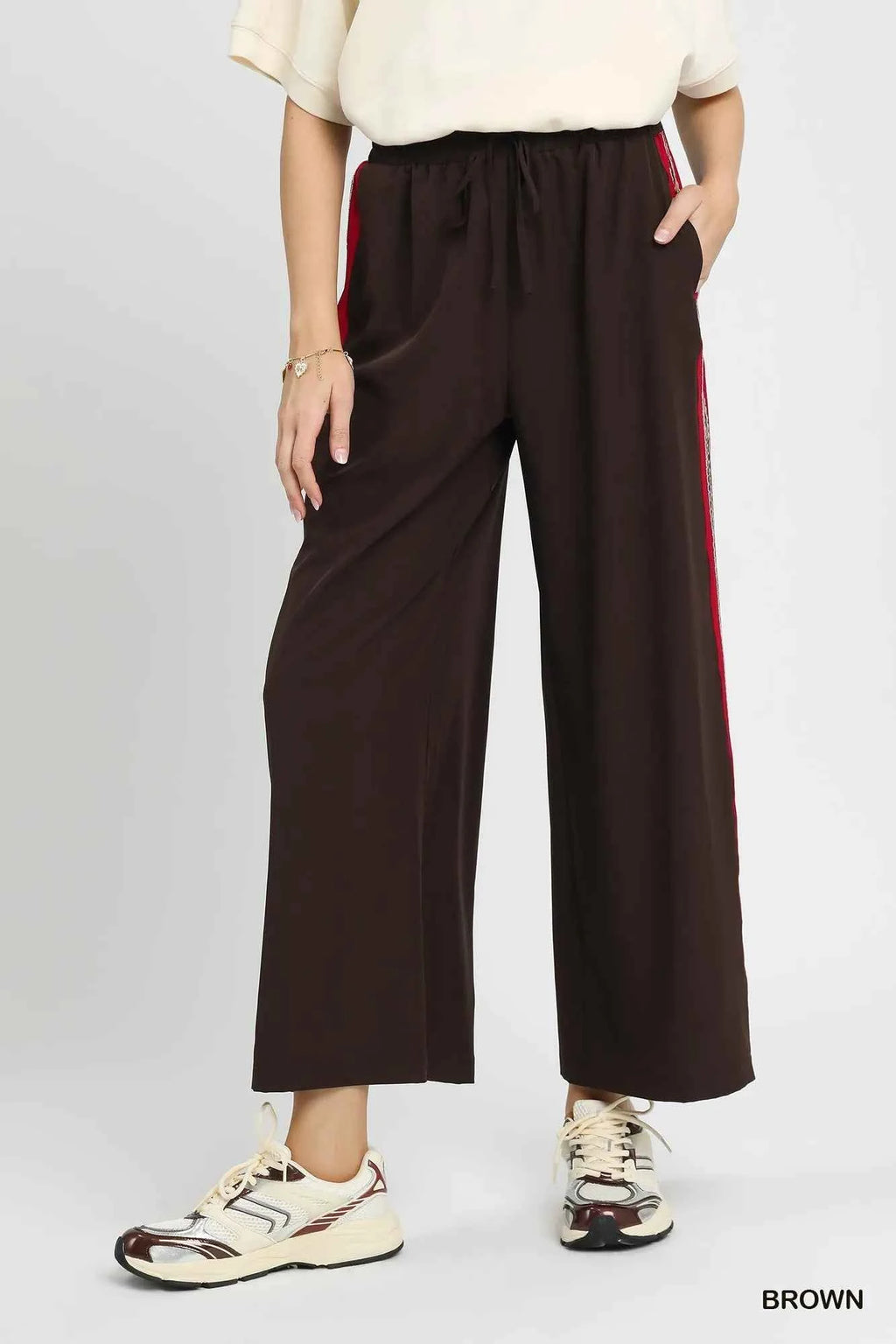Umgee Wide Leg Pants with Contrast Side Trim Brown 28d26c32-f6a0-4018-9113-f4fe42b03683-Max-Origin