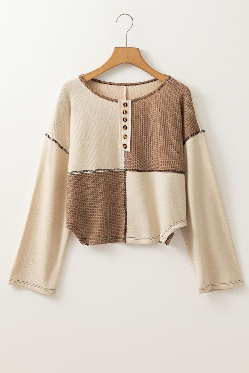 Beige Waffle Patchwork Stitch Detail Long Sleeve Henley Top 28d56612619e480f