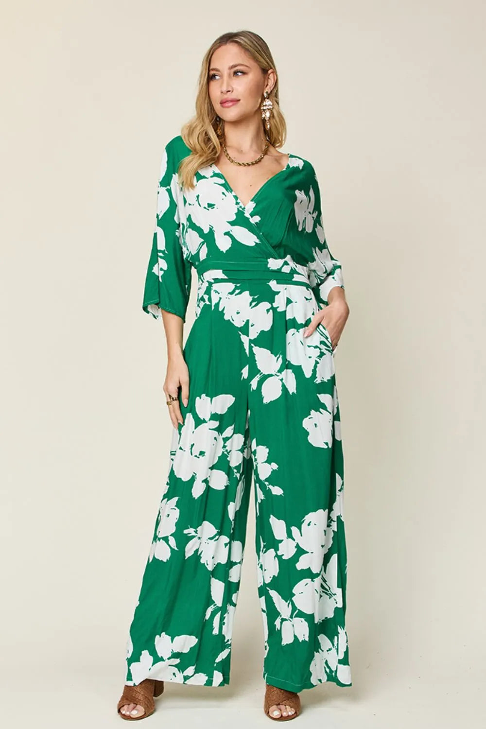 Double Take Full Size Printed Tie Back Wide Leg Jumpsuit Green 28e87bc5-a872-478e-8839-58a4030a812c-Max