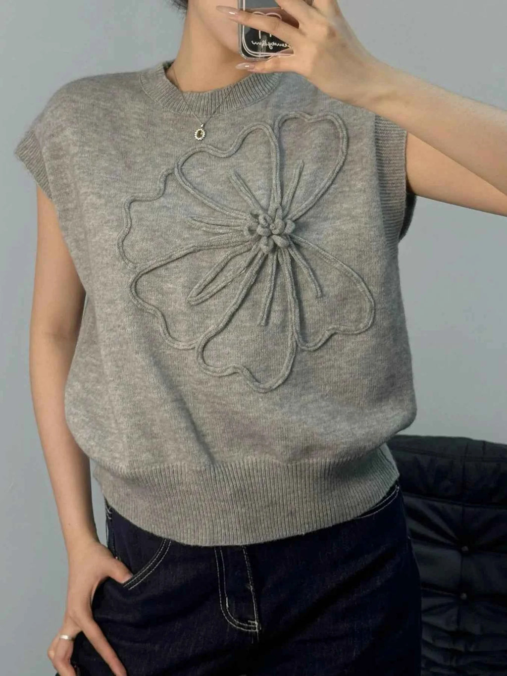 Flower Mock Neck Sweater Vest Grey 28f0dbc9f0ae4f20b3d460446730b8c6-Max-Origin