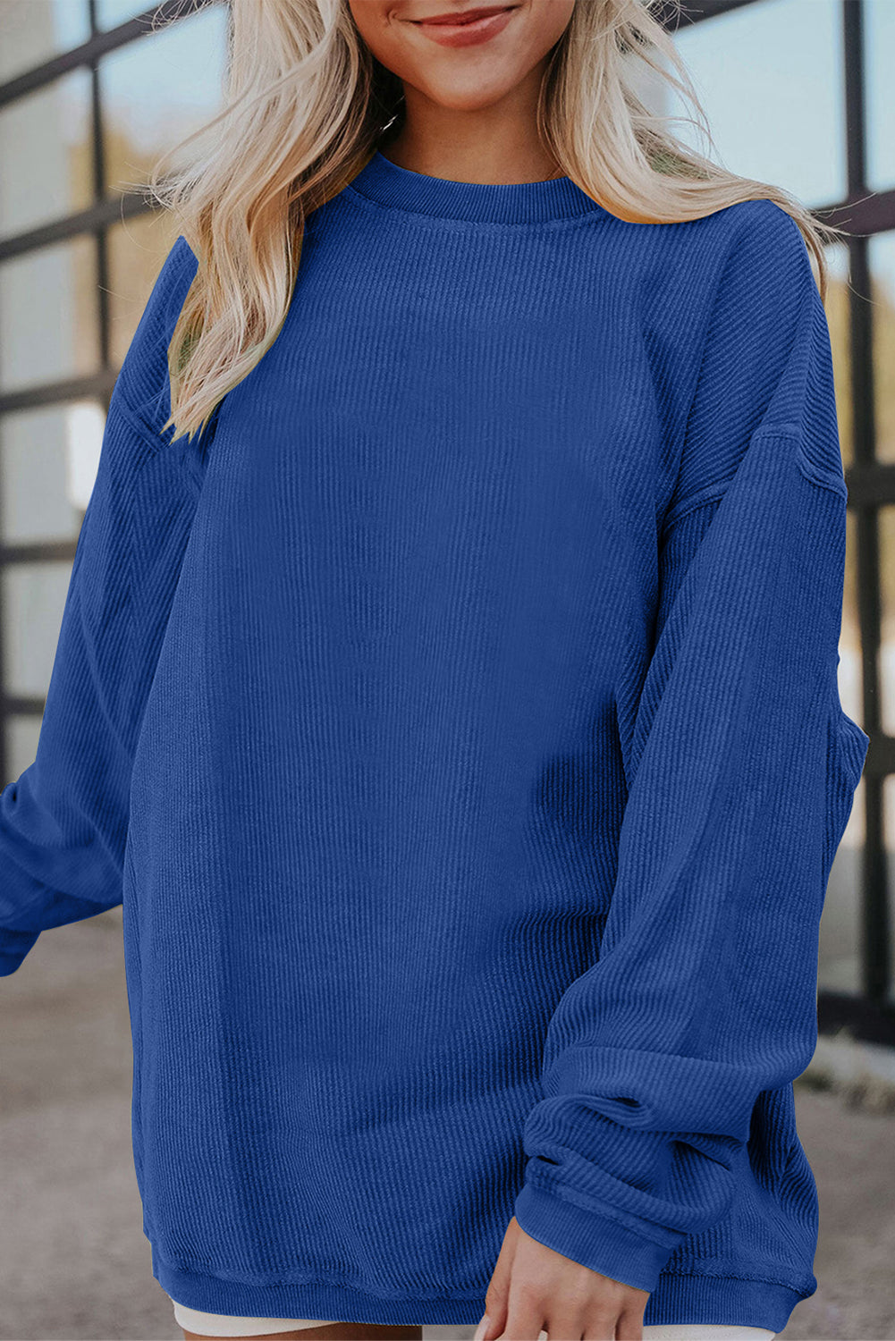 White Drop Shoulder Rib Knit Oversized Sweatshirt Dark Blue 100%Polyester 28f7de724bd36bb4
