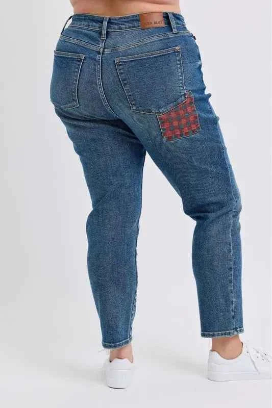 Judy Blue Full Size HW Plaid Patch Slim Fit Jeans Plus Size 28fa4edb-678f-4740-b636-ef133ba68ea6-Max-Origin