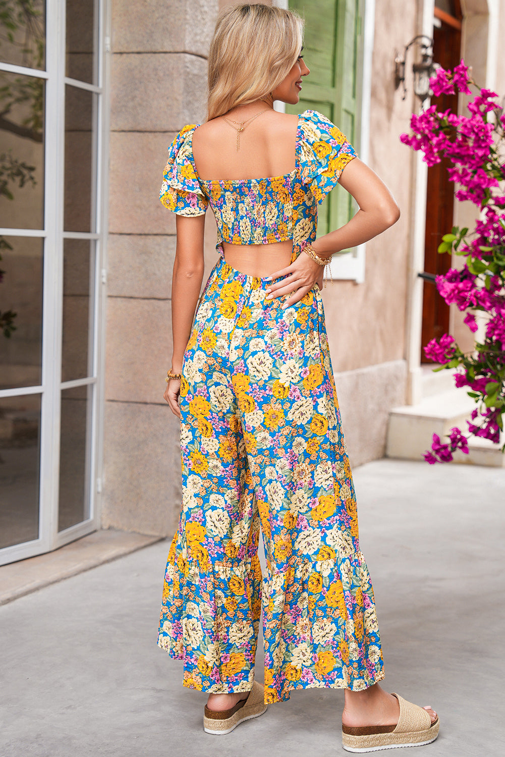 Yellow Floral Allover Print Shirred Cut Out High Waist Jumpsuit 29237be9f54e267d